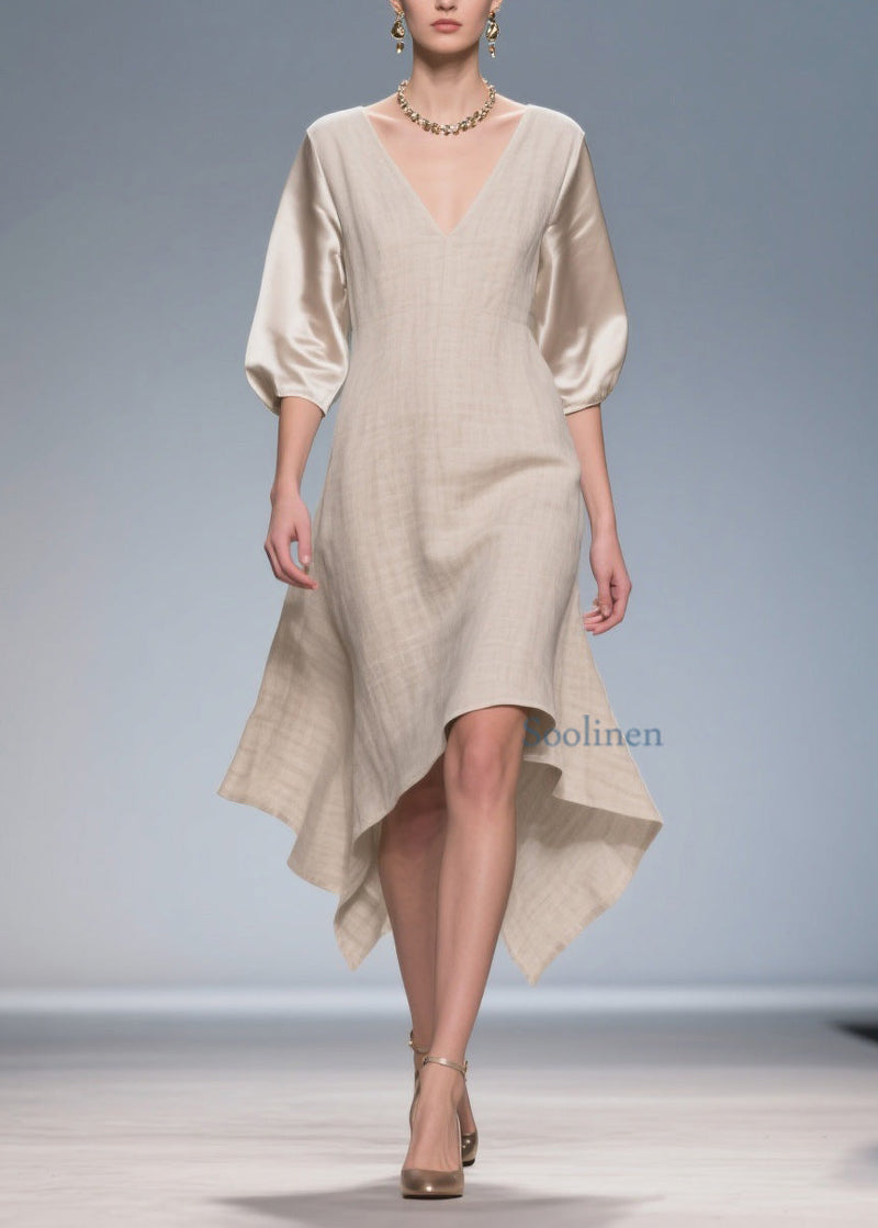 V Neck Patchwork Linen Silk Dress Summer