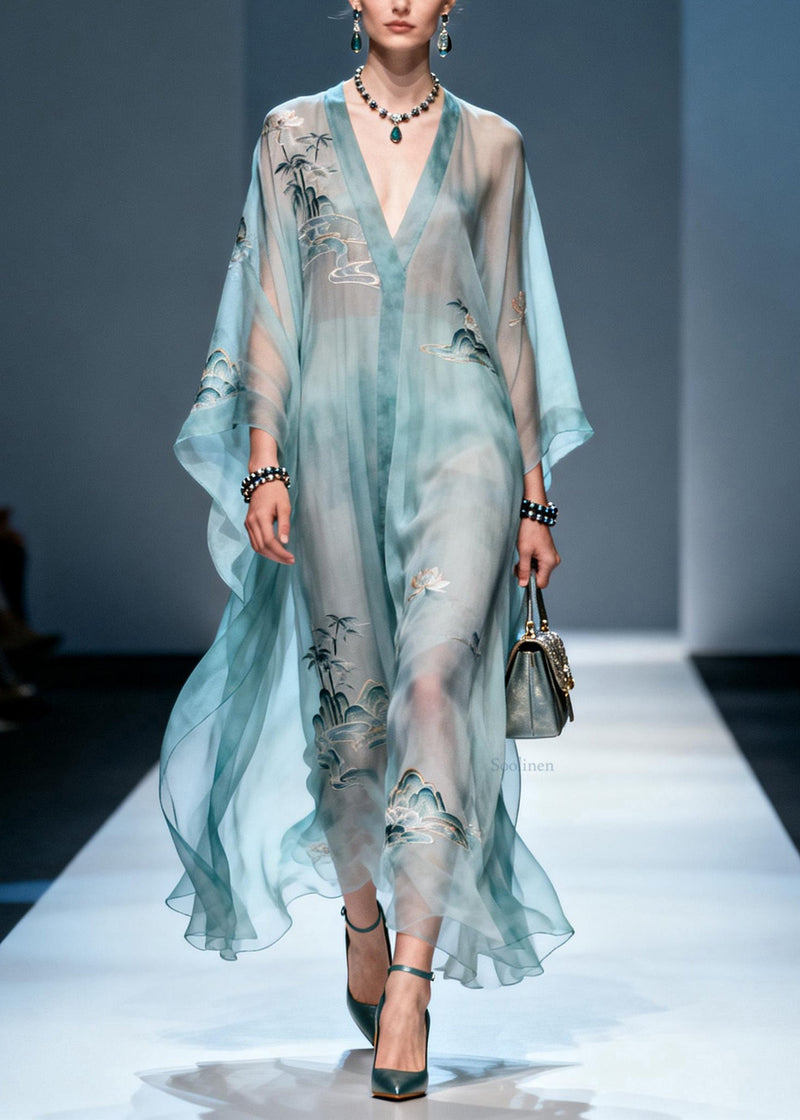 V Neck Print Chiffon Long Dress Summer