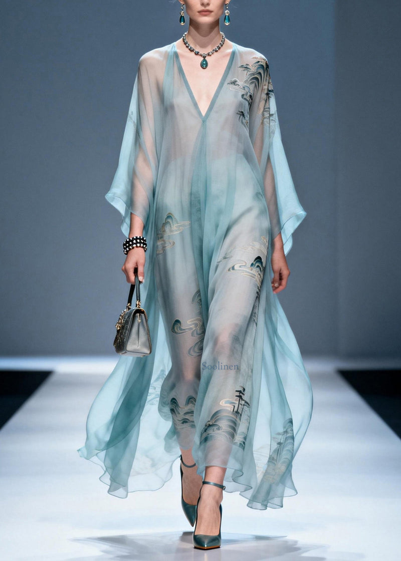 V Neck Print Chiffon Long Dresses Summer