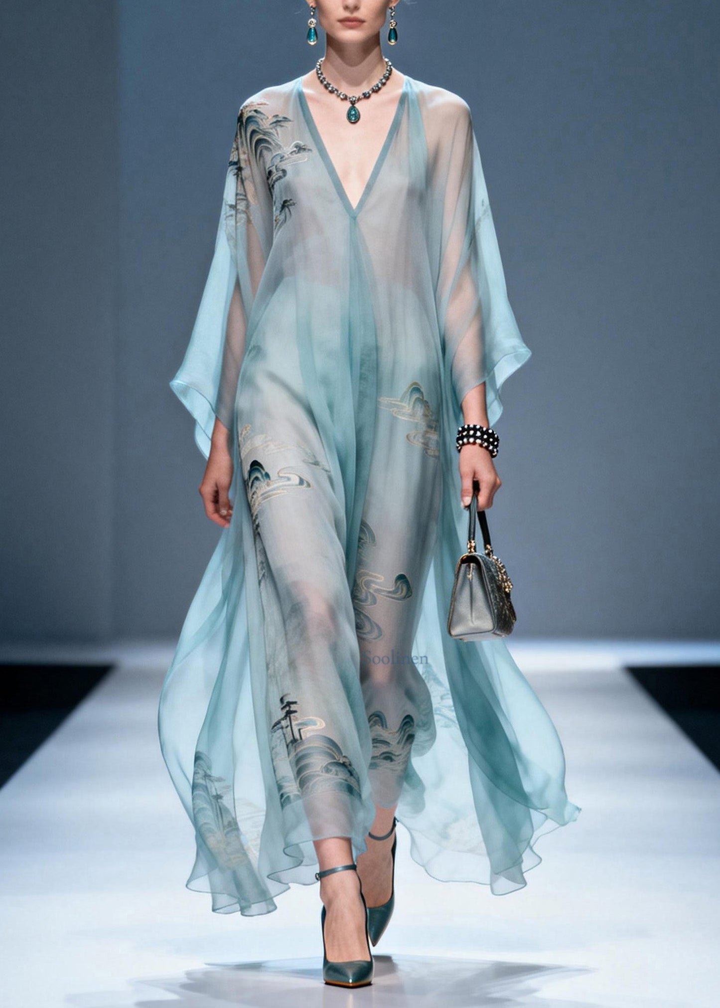 V Neck Print Chiffon Long Dresses Summer