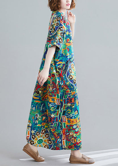 V Neck Print Holiday Long Dress Short Sleeve