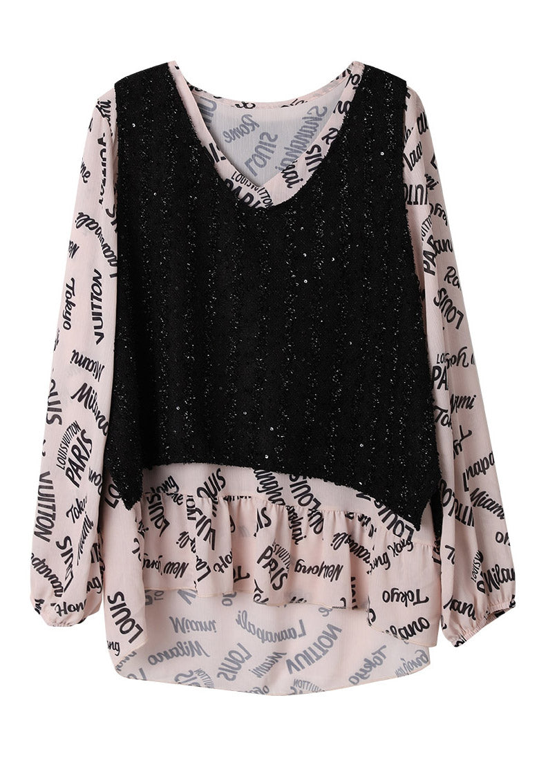 V Neck Print Patchwork Take Two Pieces Shirt Long Sleeve