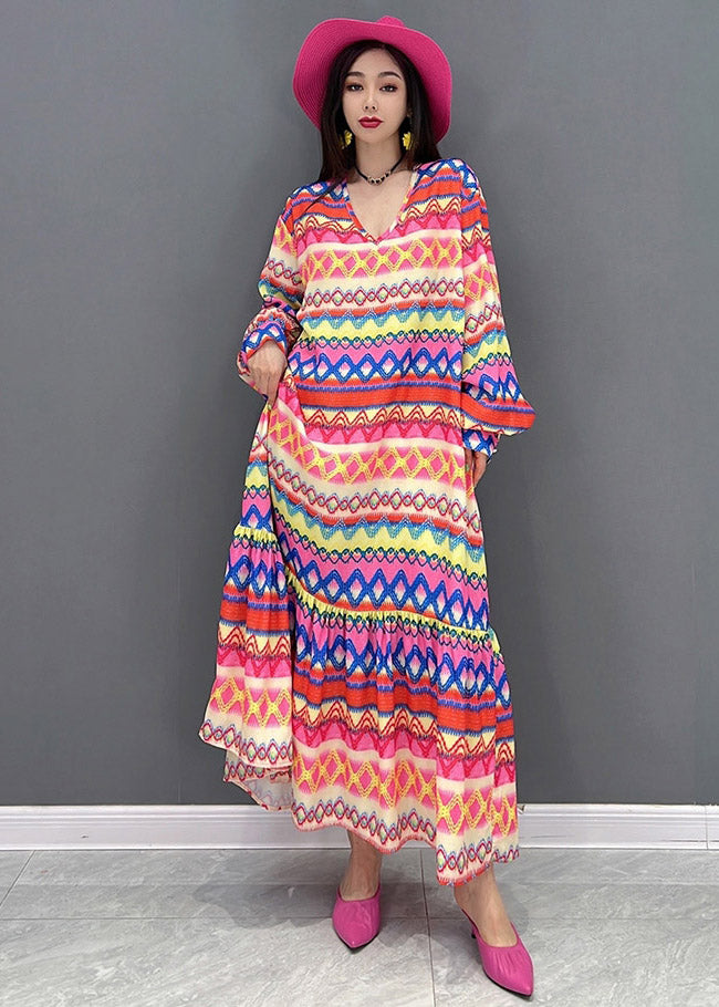 V Neck Print Silk Maxi Dress Long Sleeve