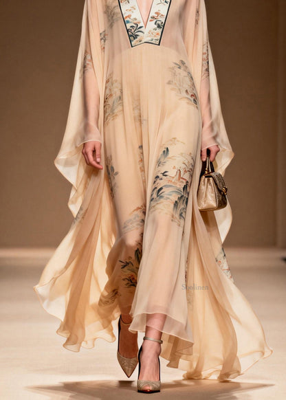 V Neck Print Wrinkled Chiffon Dress Spring