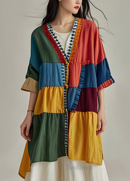 V Neck Ruffled Patchwork Cotton Cardigans Coat Summer