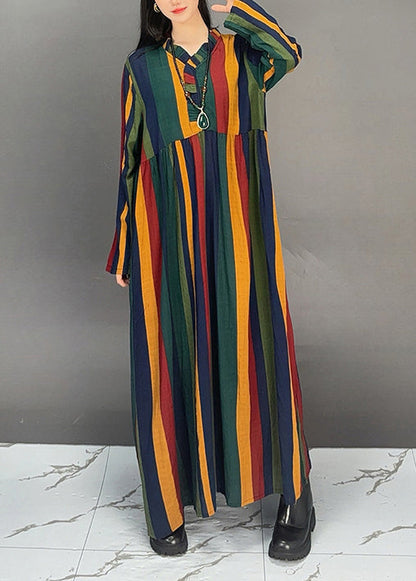V Neck Ruffled Striped Cotton Long Dresses Fall