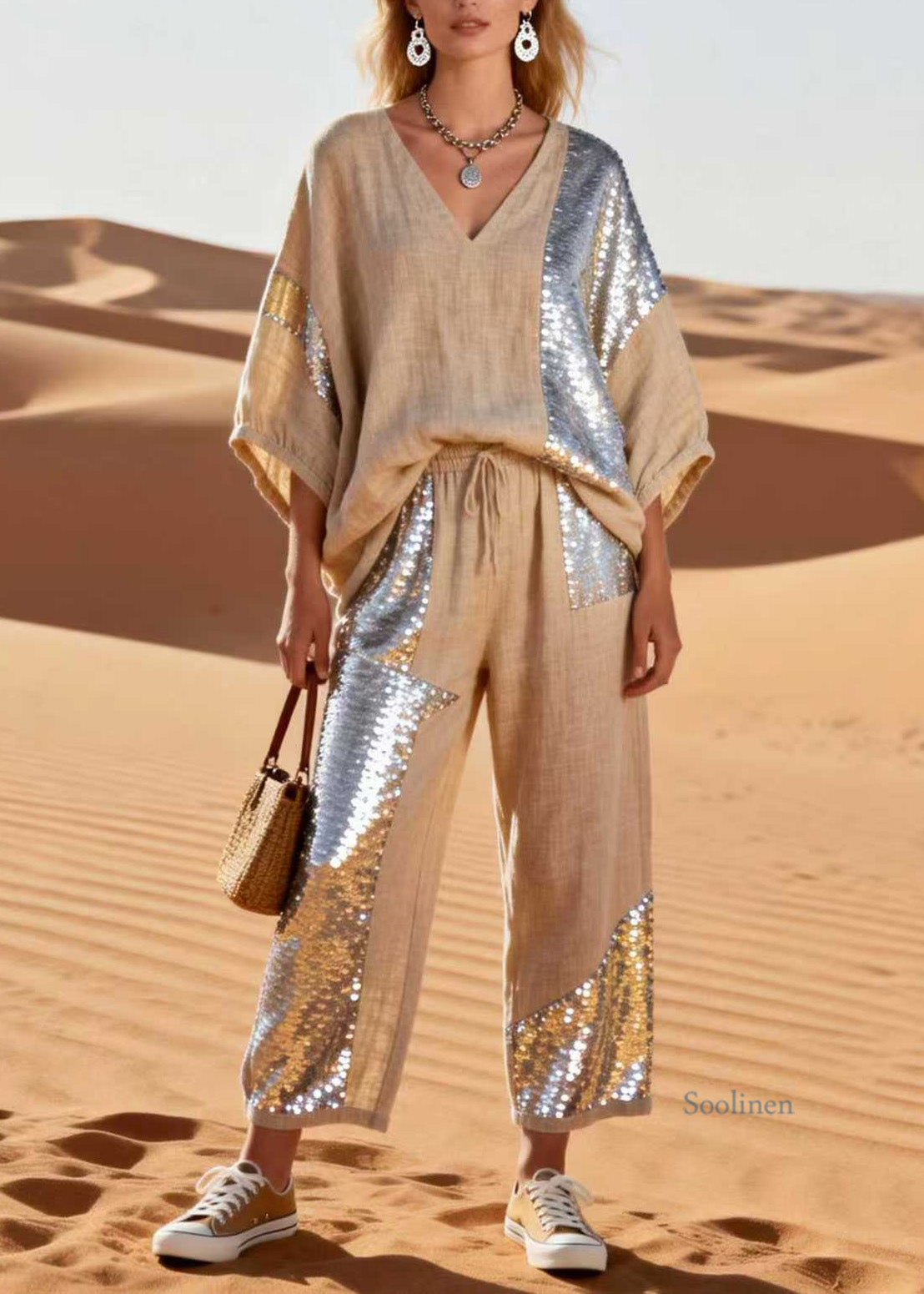 V Neck Sequins Patchwork Linen Two Piece Set Spring