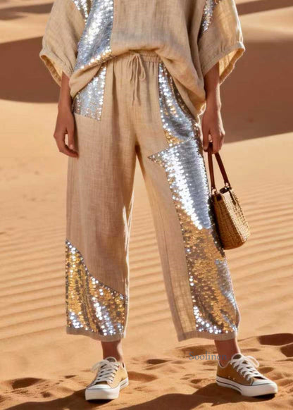V Neck Sequins Patchwork Linen Two Piece Set Spring