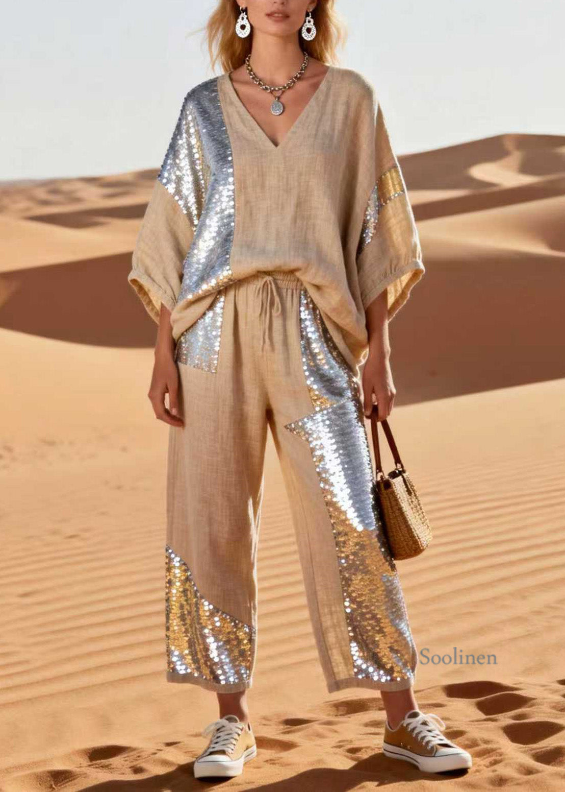 V Neck Sequins Patchwork Linen Two Piece Set Spring