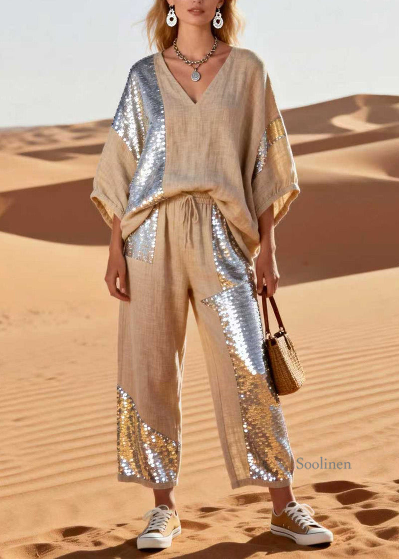 V Neck Sequins Patchwork Linen Two Piece Set Spring