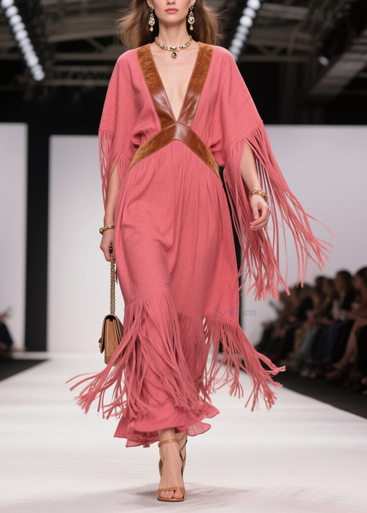 V Neck Tassel Patchwork Cotton Dress Summer