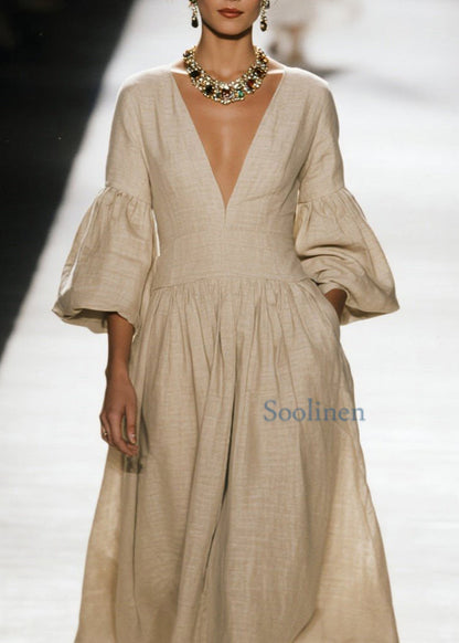 V Neck Wrinkled Patchwork Cotton Dress Spring