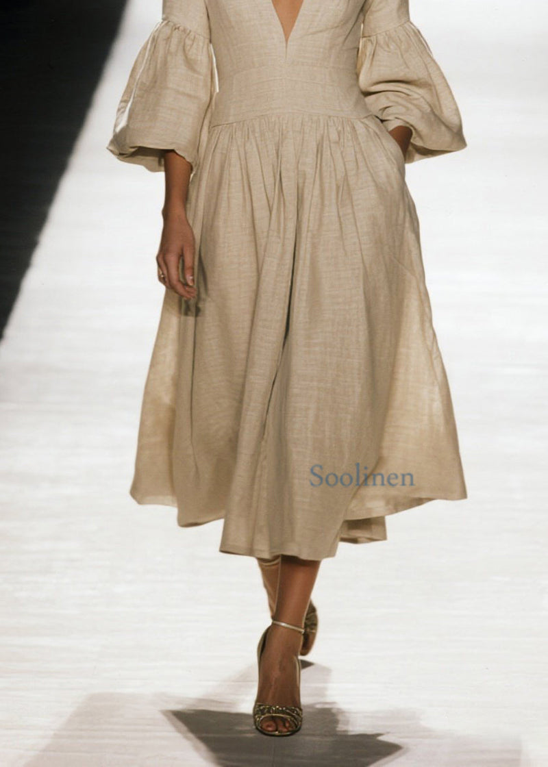 V Neck Wrinkled Patchwork Cotton Dress Spring