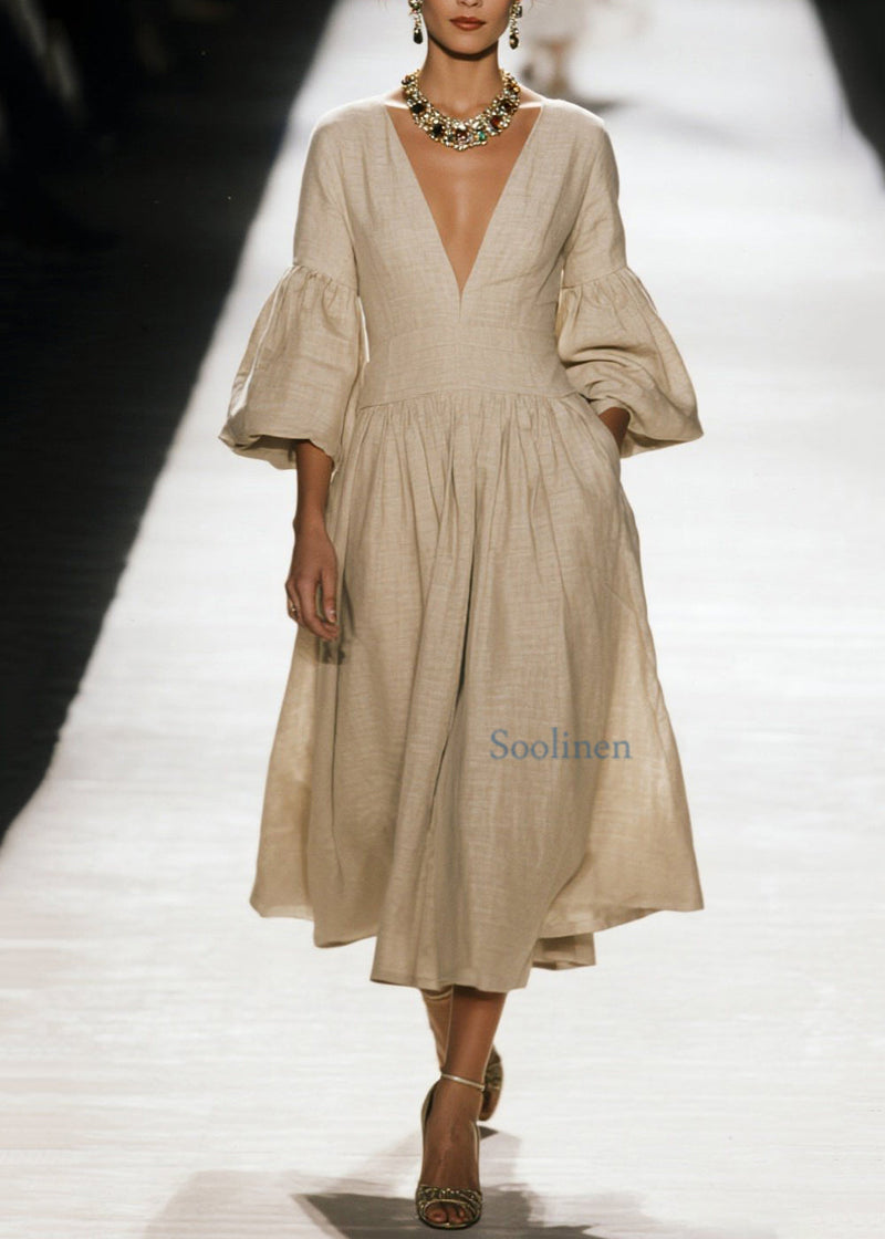 V Neck Wrinkled Patchwork Cotton Dress Spring