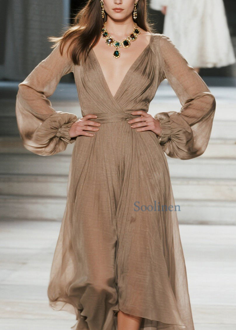V Neck Wrinkled Patchwork Cotton Maxi Dresses Spring