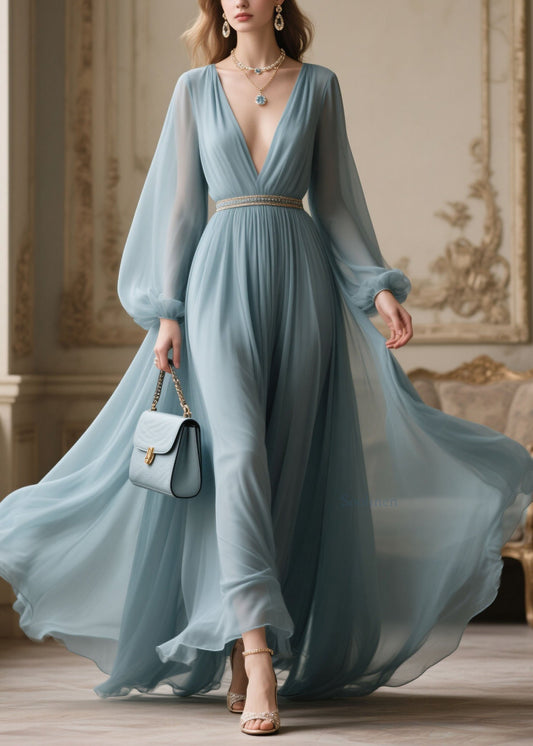 V Neck Zircon Patchwork Chiffon Dresses Spring