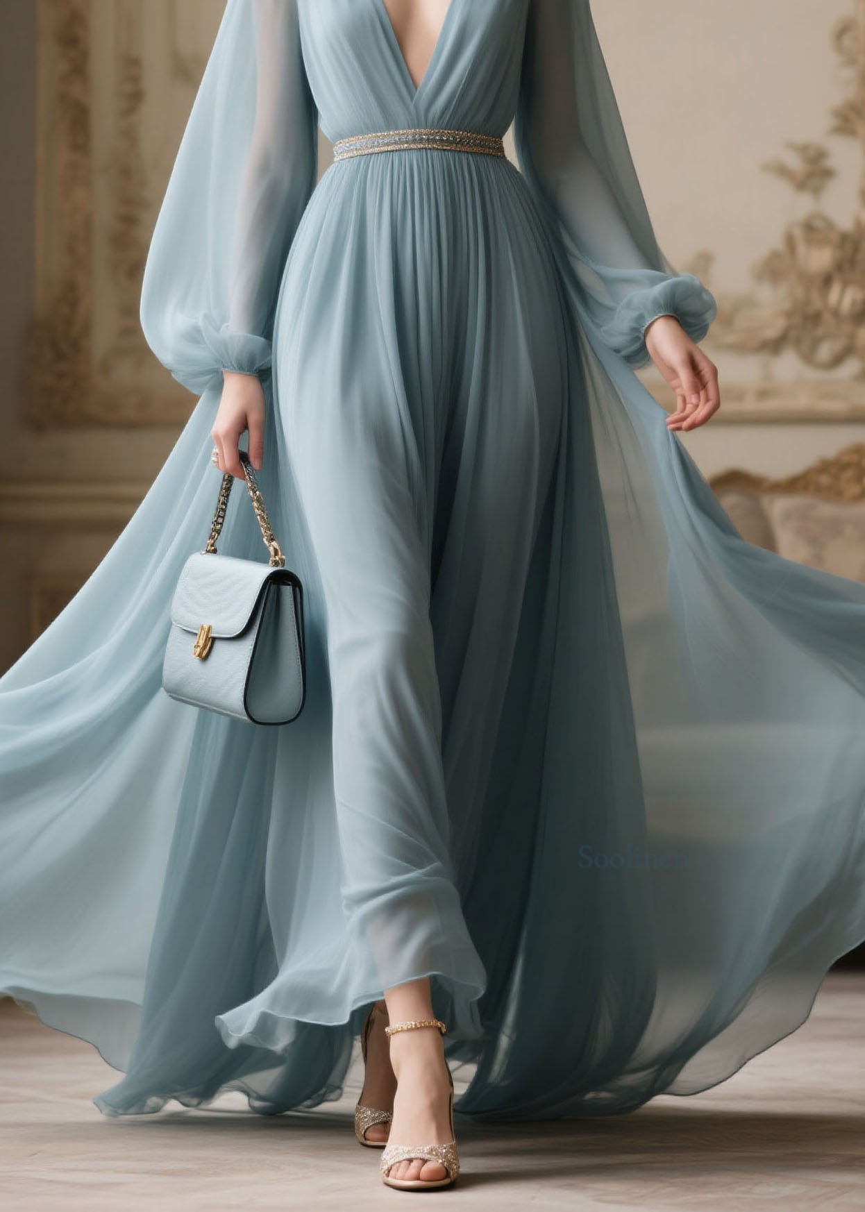 V Neck Zircon Patchwork Chiffon Dresses Spring