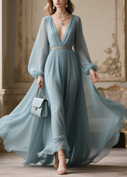 V Neck Zircon Patchwork Chiffon Dresses Spring