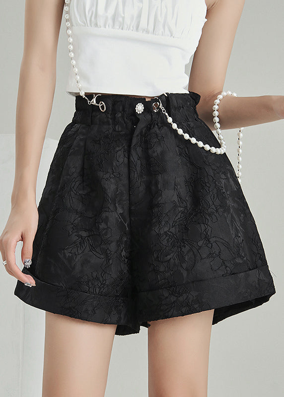 Black Zip Up Jacquard Cotton Shorts