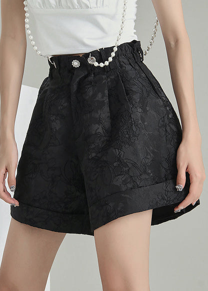 Black Zip Up Jacquard Cotton Shorts