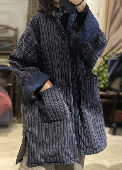 Blue Stand Collar Pockets Striped Fine Cotton Filled Coat Winter