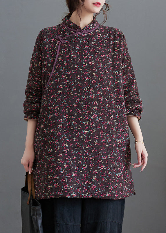 Purple Print Stand Collar Fine Cotton Filled Top Winter
