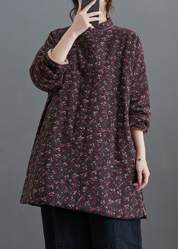 Purple Print Stand Collar Fine Cotton Filled Top Winter