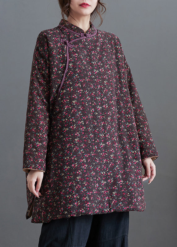 Purple Print Stand Collar Fine Cotton Filled Top Winter