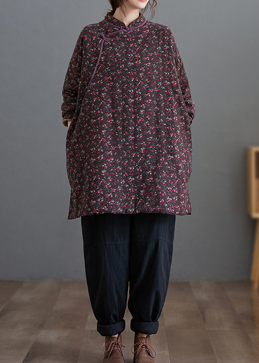 Purple Print Stand Collar Fine Cotton Filled Top Winter