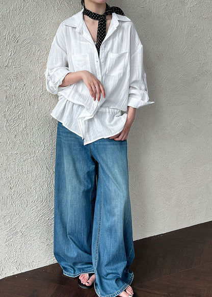 Plus Size White Cinched Cotton UPF 50+ Blouses Spring