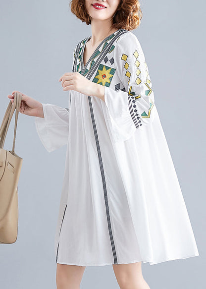 White Embroideried Vacation Dress Long Sleeve