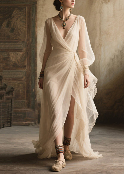 White Exra Large Hem Side Open Tulle Long Dress Summer