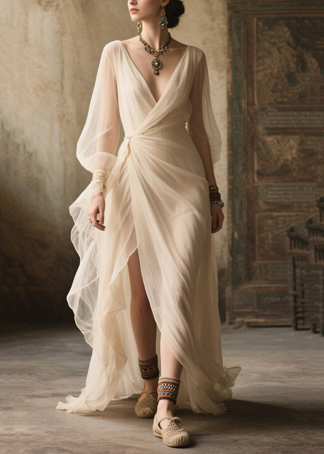 White Exra Large Hem Side Open Tulle Long Dress Summer