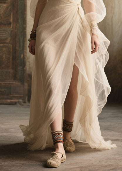 White Exra Large Hem Side Open Tulle Long Dress Summer