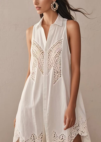 White Hollow Out Cotton Day Dress Sleeveless