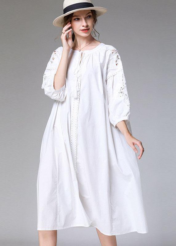 White Loose O-neck a Line Spring Maxi Dress Three Quarter Sleeve