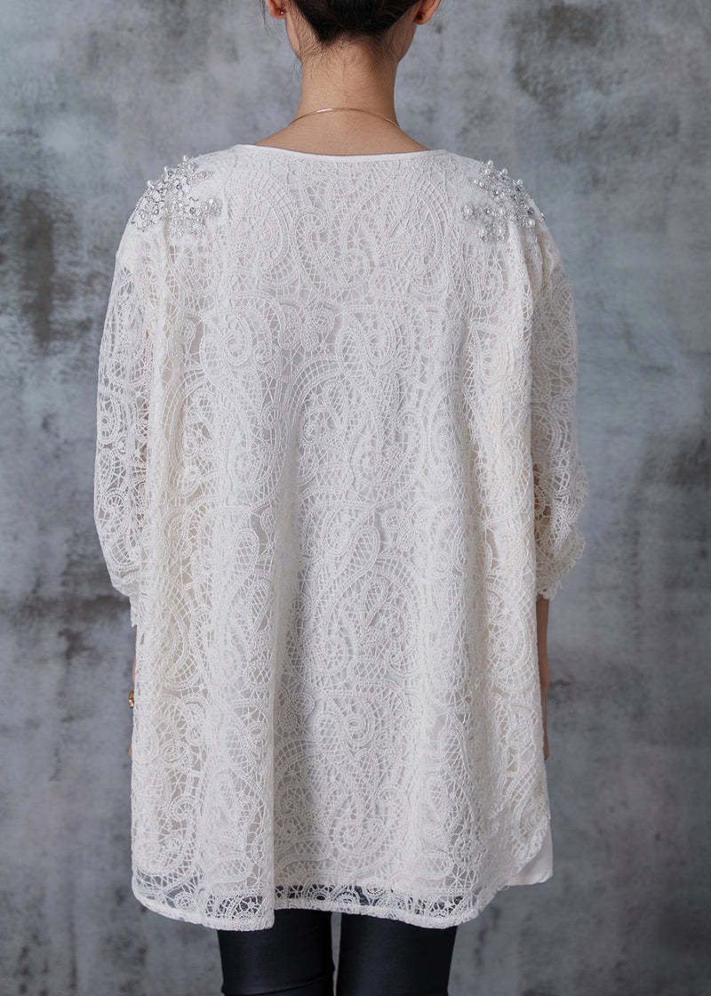 White Nail Bead Chinese Button Lace Top Summer