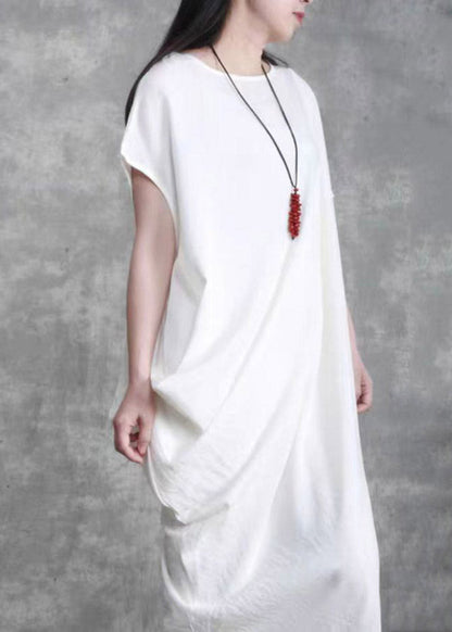 White O-neck Asymmetrical Wrinkled Linen Dress Short Sleeve