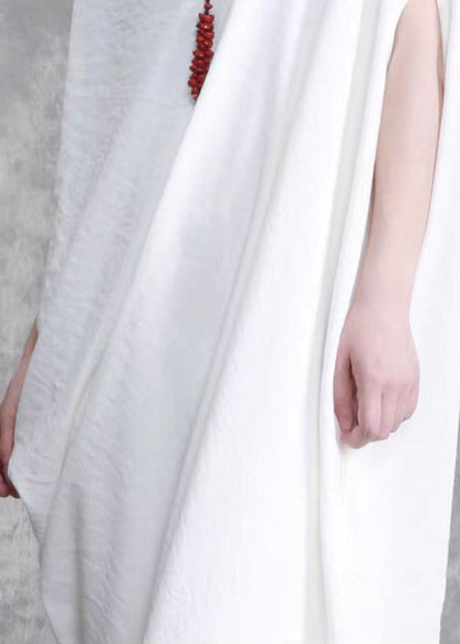 White O-neck Asymmetrical Wrinkled Linen Dress Short Sleeve