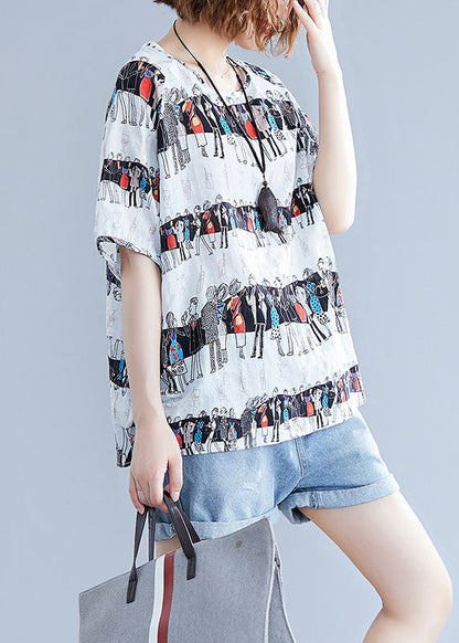 White O-neck Character Print Cotton Tops Summer