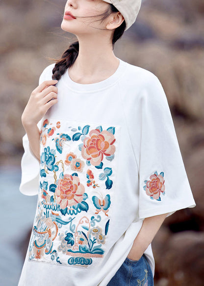 White O-neck Embroidered Cotton T Shirt Summer