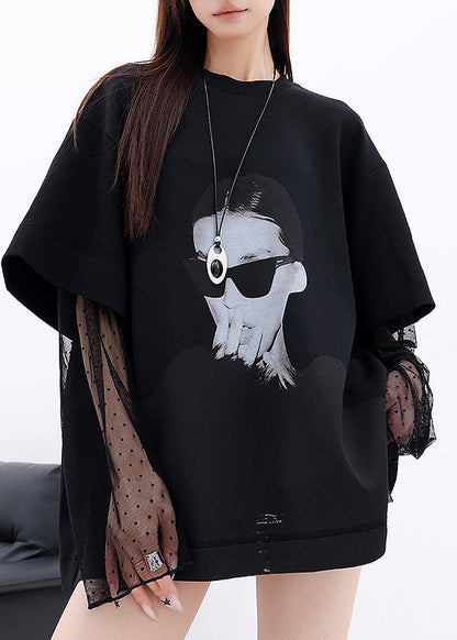 Plus Size White O Neck Lace Patchwork Cotton T Shirts Fall