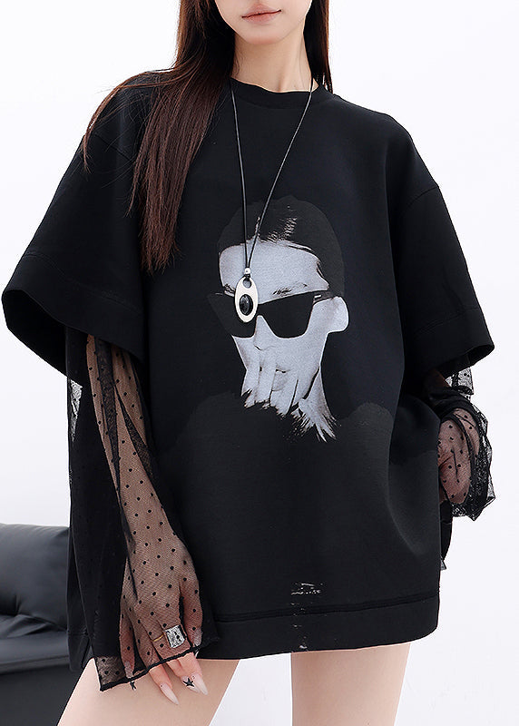 White O Neck Lace Patchwork Cotton T Shirts Fall