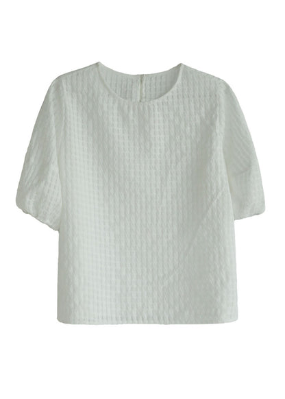 White O-neck Plaid Cotton Blouse Top Half Sleeve