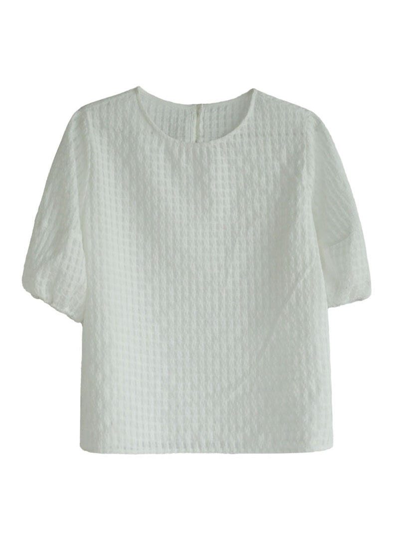 White O-neck Plaid Cotton Blouse Top Half Sleeve