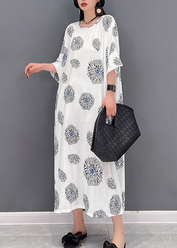 White O-neck Print Long Dress Half Sleeve
