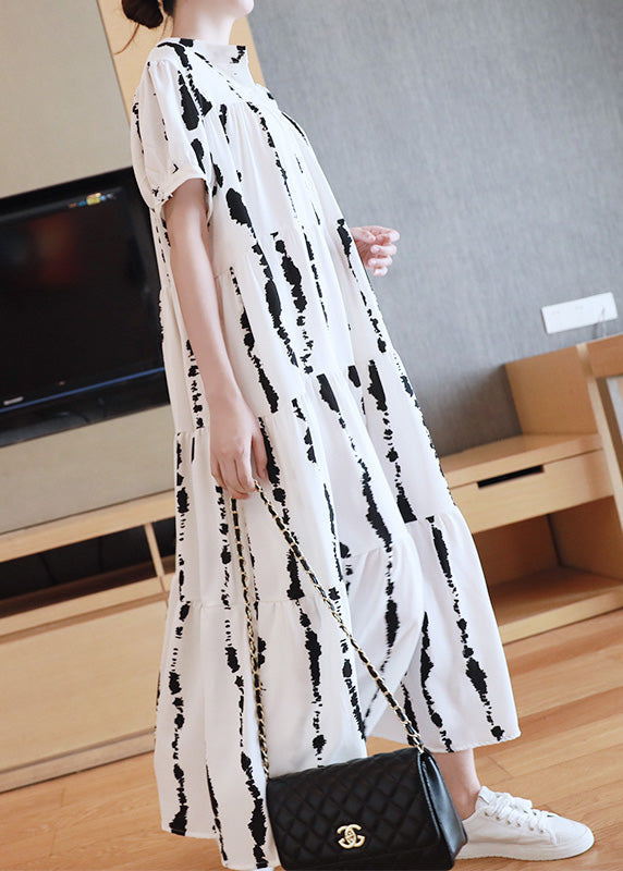 White O-neck Striped Print Wrinkled Button Maxi Dresses Summer