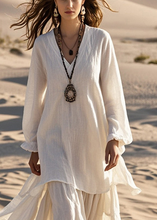 White Oversized Cotton Fake Two Piece Dresses Spring