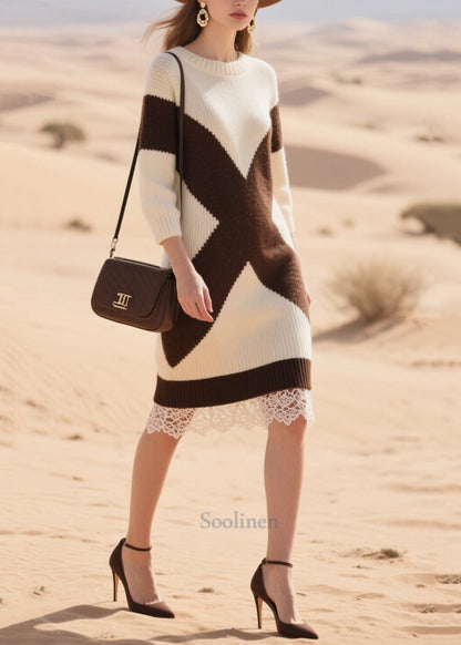 White Oversized Patchwork Lace Knitwear Dress Winter