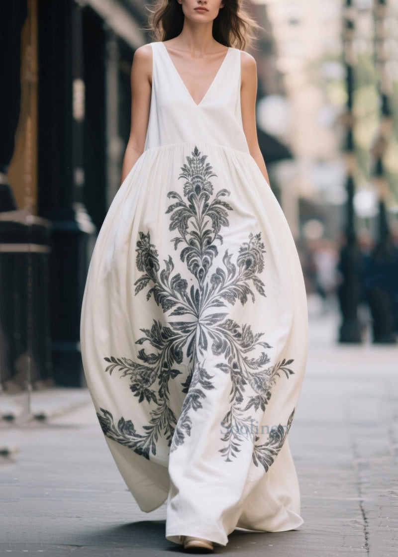 White Oversized Print Cotton Maxi Dress Summer